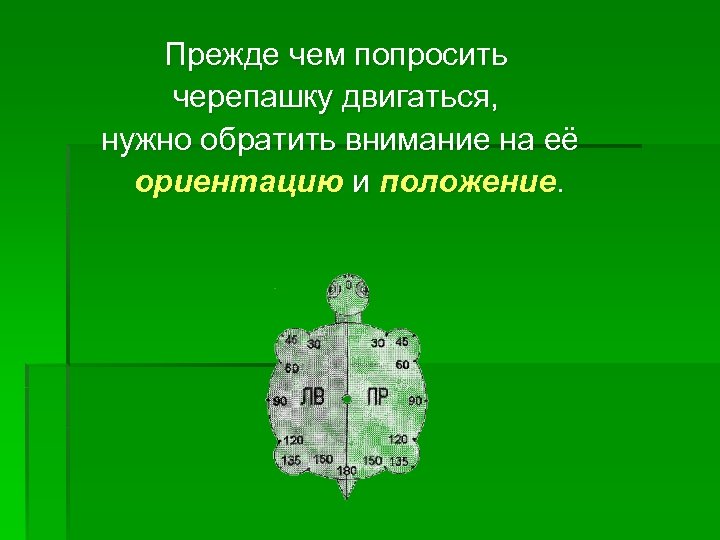 Прежде чем попросить черепашку двигаться, нужно обратить внимание на её ориентацию и положение. 