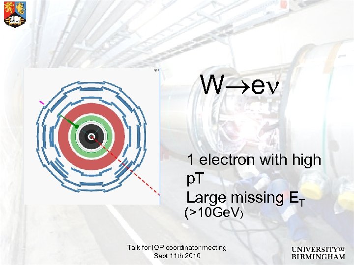  W e 1 electron with high p. T Large missing ET (>10 Ge.