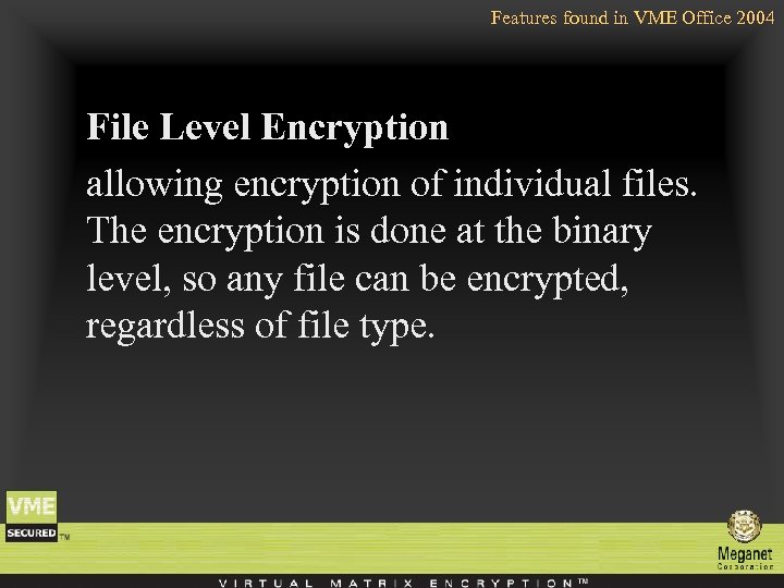 Features found in VME Office 2004 File Level Encryption allowing encryption of individual files.