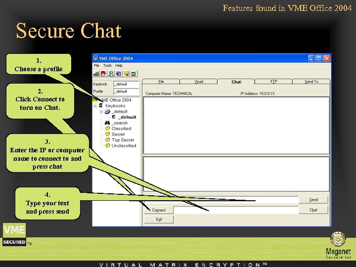 Features found in VME Office 2004 Secure Chat 1. Choose a profile 2. Click