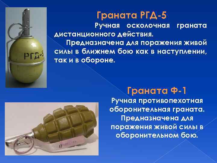 Граната РГД-5 Ручная осколочная граната дистанционного действия. Предназначена для поражения живой силы в ближнем