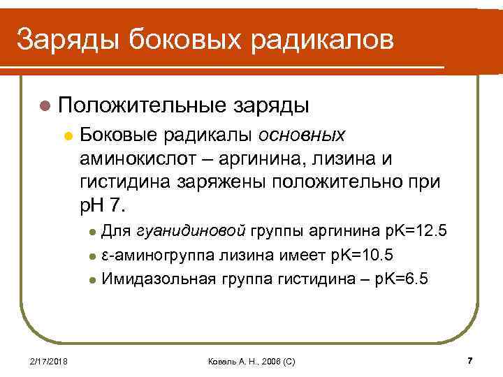 Заряды боковых радикалов l Положительные l заряды Боковые радикалы основных аминокислот – аргинина, лизина