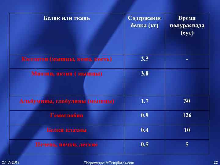 Белок или ткань Содержание белка (кг) Время полураспада (сут) Коллаген (мышцы, кожа, кость) 3.