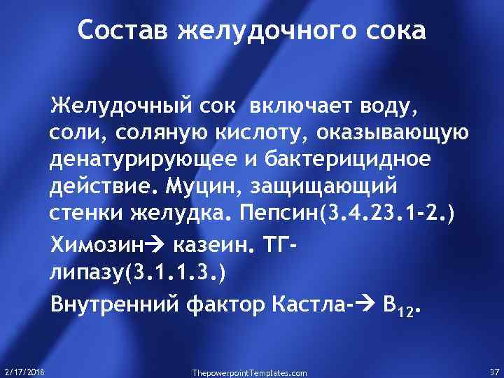 Состав желудочного сока Желудочный сок включает воду, соли, соляную кислоту, оказывающую денатурирующее и бактерицидное