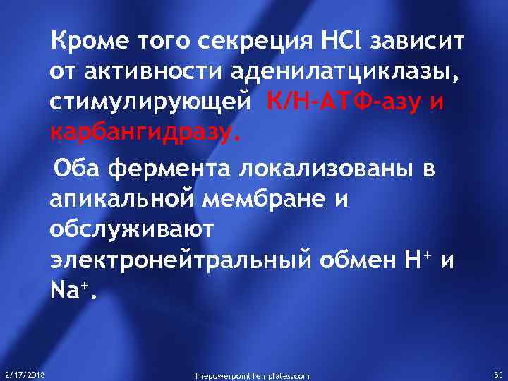 Кроме того секреция НСl зависит от активности аденилатциклазы, стимулирующей К/Н-АТФ-азу и карбангидразу. Оба фермента