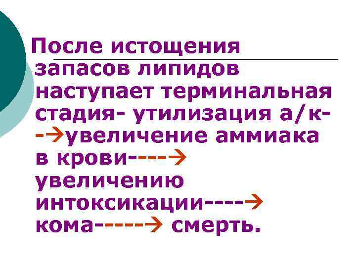  После истощения запасов липидов наступает терминальная стадия- утилизация а/к- увеличение аммиака в крови----