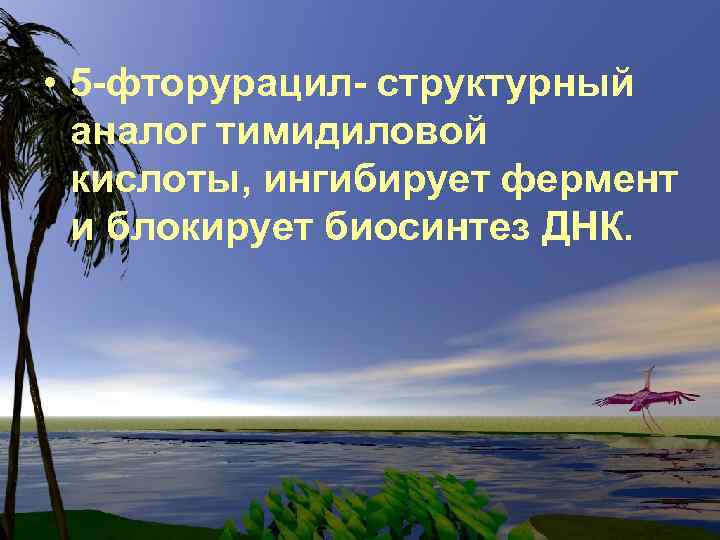  • 5 -фторурацил- структурный аналог тимидиловой кислоты, ингибирует фермент и блокирует биосинтез ДНК.