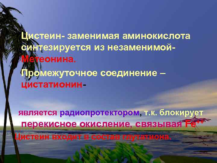 Цистеин- заменимая аминокислота синтезируется из незаменимой. Метеонина. Промежуточное соединение – цистатионинявляется радиопротектором, т. к.