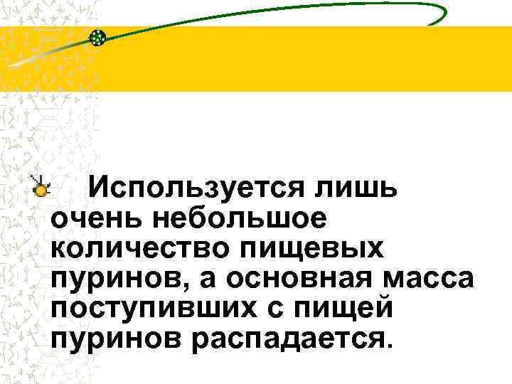 Используется лишь очень небольшое количество пищевых пуринов, а основная масса поступивших с пищей пуринов