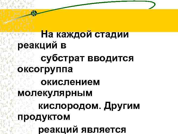 На каждой стадии реакций в субстрат вводится оксогруппа окислением молекулярным кислородом. Другим продуктом реакций