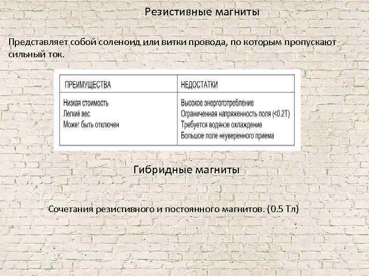 Резистивные магниты Представляет собой соленоид или витки провода, по которым пропускают сильный ток. Гибридные