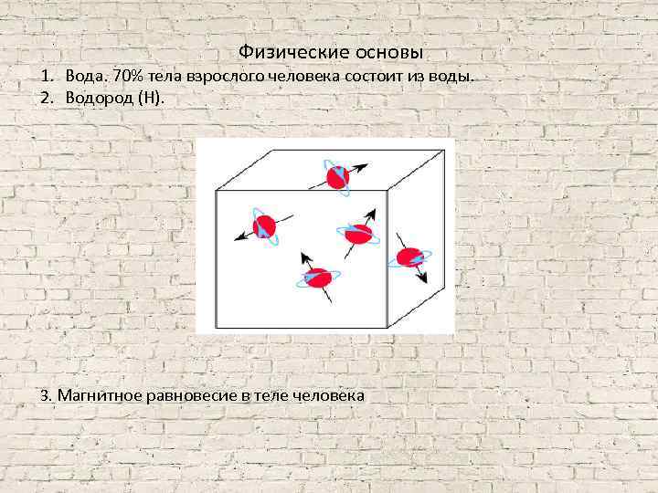 Физические основы 1. Вода. 70% тела взрослого человека состоит из воды. 2. Водород (H).