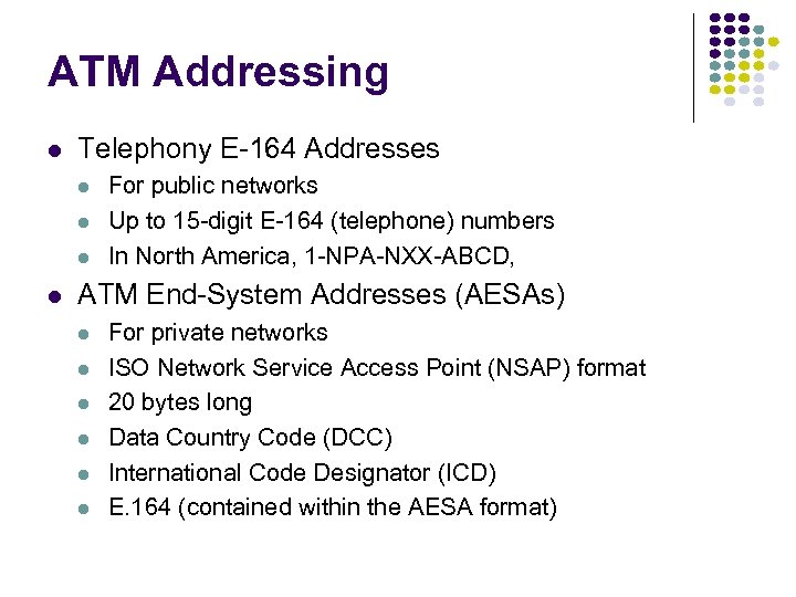 ATM Addressing l Telephony E-164 Addresses l l For public networks Up to 15