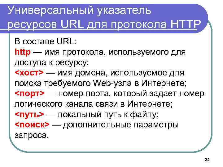 Универсальный указатель ресурсов URL для протокола HTTP В составе URL: http — имя протокола,