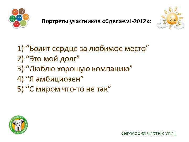  Портреты участников «Сделаем!-2012» : 1) “Болит сердце за любимое место” 2) “Это мой