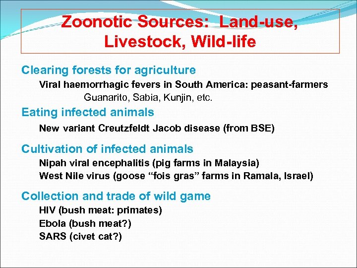 Zoonotic Sources: Land-use, Livestock, Wild-life Clearing forests for agriculture Viral haemorrhagic fevers in South