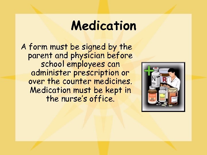 Medication A form must be signed by the parent and physician before school employees