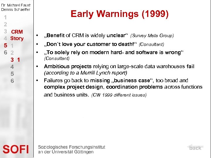 1 2 3 4 5 6 Early Warnings (1999) CRM Story 1 2 3