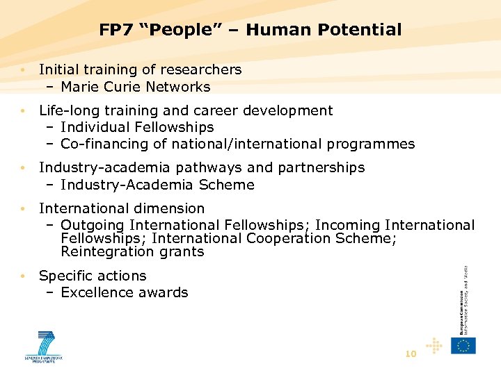 FP 7 “People” – Human Potential • Initial training of researchers – Marie Curie