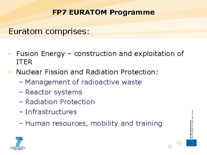 FP 7 EURATOM Programme Euratom comprises: • Fusion Energy – construction and exploitation of