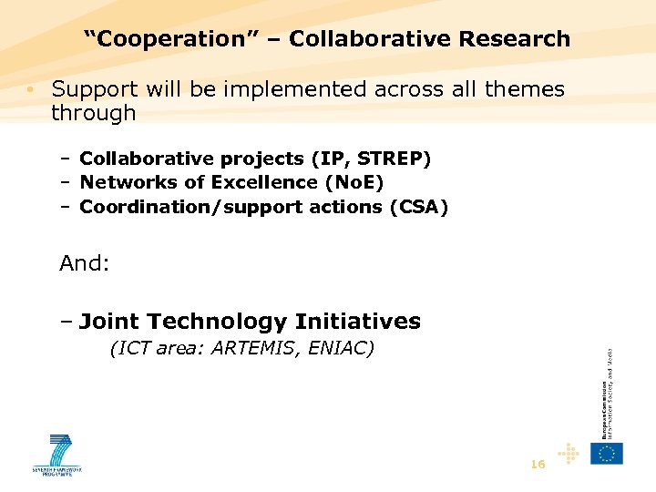 “Cooperation” – Collaborative Research • Support will be implemented across all themes through –