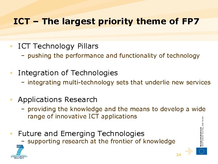 ICT – The largest priority theme of FP 7 • ICT Technology Pillars –