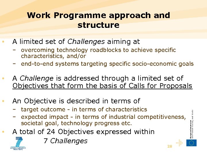 Work Programme approach and structure • A limited set of Challenges aiming at –