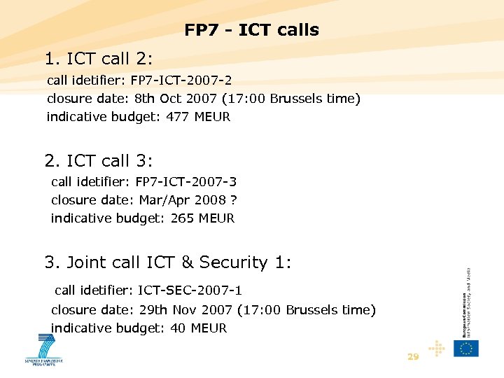 FP 7 - ICT calls 1. ICT call 2: call idetifier: FP 7 -ICT-2007