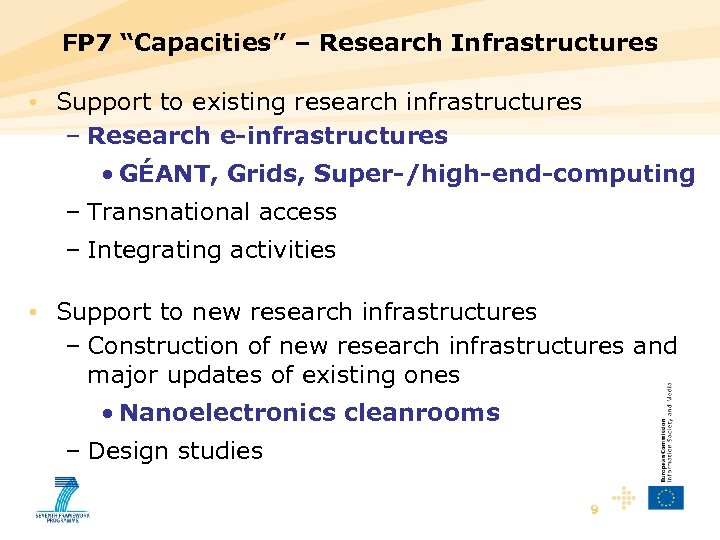 FP 7 “Capacities” – Research Infrastructures • Support to existing research infrastructures – Research