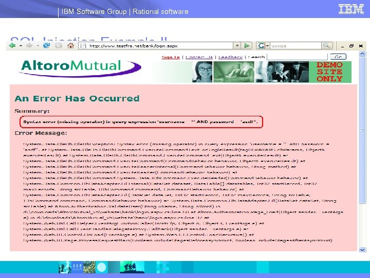 IBM Software Group | Rational software SQL Injection Example II 