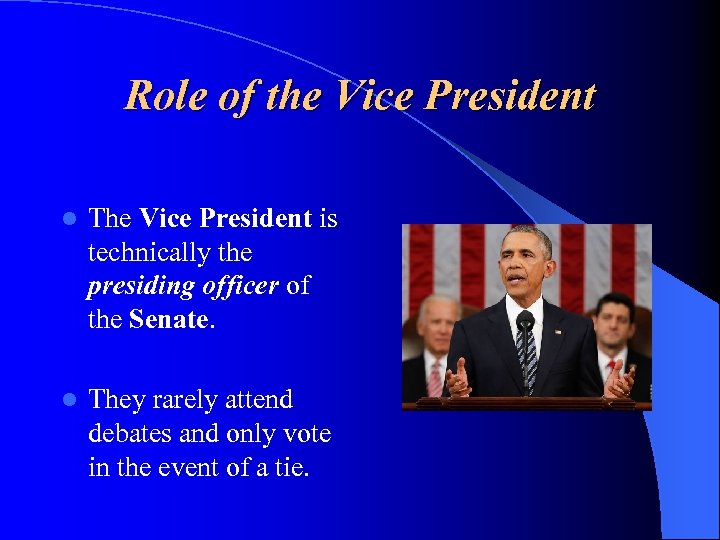 Role of the Vice President l The Vice President is technically the presiding officer