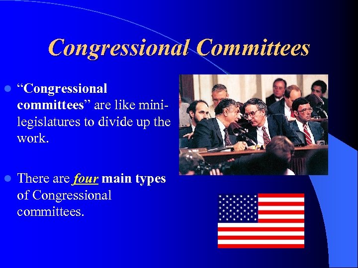 Congressional Committees l “Congressional committees” are like minilegislatures to divide up the work. l