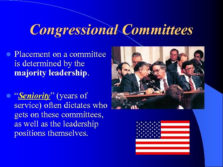 Congressional Committees l Placement on a committee is determined by the majority leadership. l