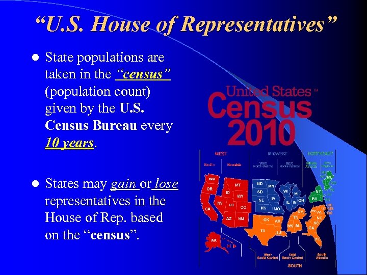 “U. S. House of Representatives” l State populations are taken in the “census” (population
