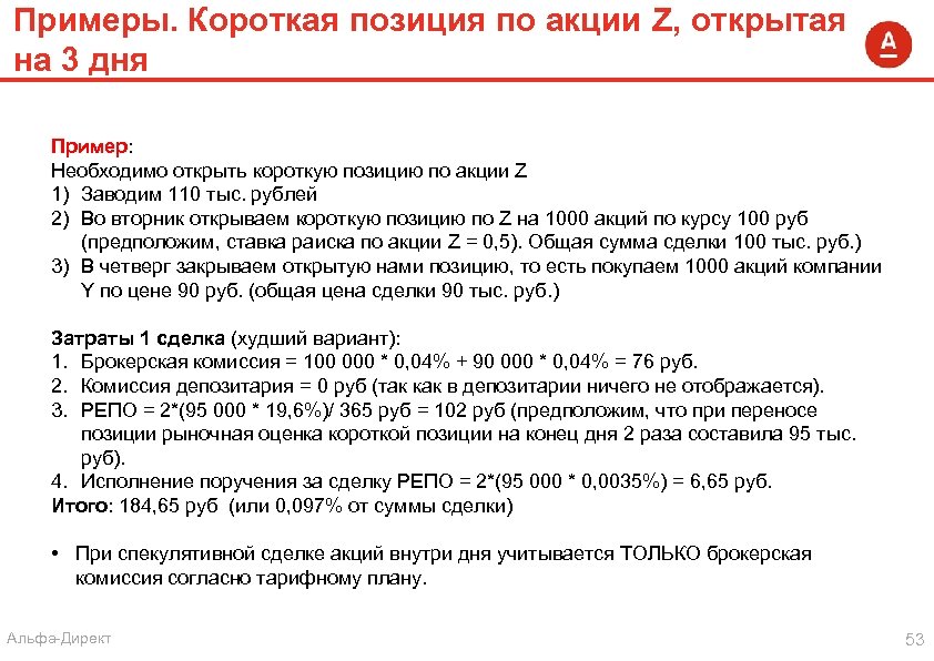 Примеры. Короткая позиция по акции Z, открытая на 3 дня Пример: Необходимо открыть короткую