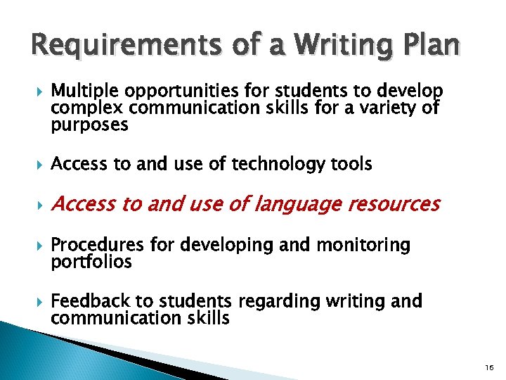 Requirements of a Writing Plan Multiple opportunities for students to develop complex communication skills