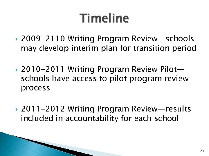 Timeline 2009 -2110 Writing Program Review—schools may develop interim plan for transition period 2010