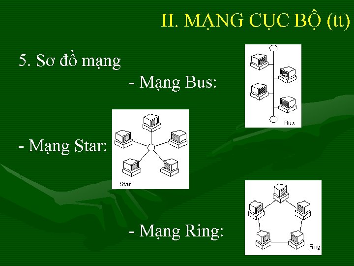 II. MẠNG CỤC BỘ (tt) 5. Sơ đồ mạng - Mạng Bus: - Mạng