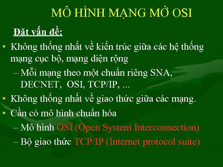 MÔ HÌNH MẠNG MỞ OSI • • • Đặt vấn đề: Không thống nhất