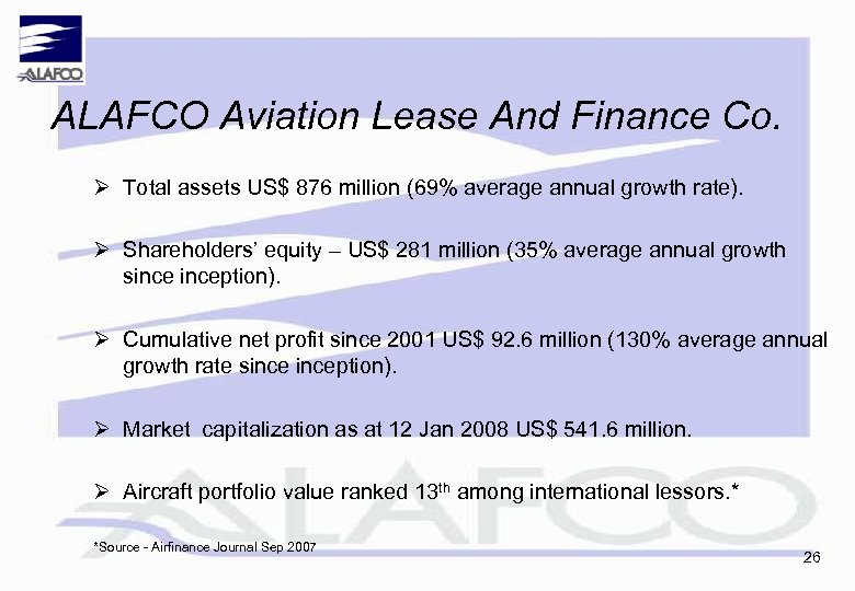 ALAFCO Aviation Lease And Finance Co. Ø Total assets US$ 876 million (69% average