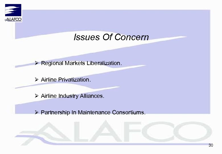 Issues Of Concern Ø Regional Markets Liberalization. Ø Airline Privatization. Ø Airline Industry Alliances.