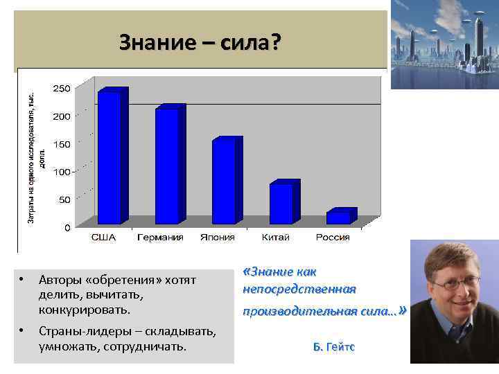 Знание – сила? • • Авторы «обретения» хотят делить, вычитать, конкурировать. Страны-лидеры – складывать,