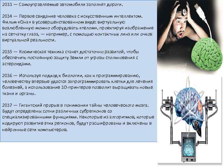 2033 — Самоуправляемые автомобили заполнят дороги. 2034 — Первое свидание человека с искусственным интеллектом.