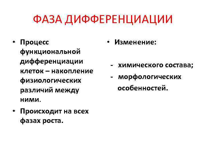 ФАЗА ДИФФЕРЕНЦИАЦИИ • Процесс функциональной дифференциации клеток – накопление физиологических различий между ними. •