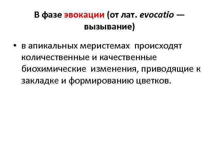 В фазе эвокации (от лат. evocatio — вызывание) • в апикальных меристемах происходят количественные
