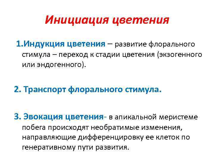 Инициация цветения 1. Индукция цветения – развитие флорального стимула – переход к стадии цветения