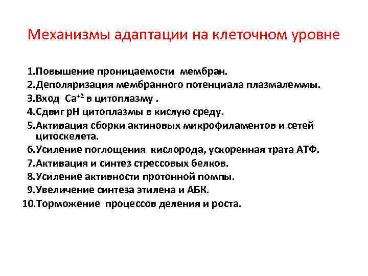 Механизмы адаптации на клеточном уровне 1. Повышение проницаемости мембран. 2. Деполяризация мембранного потенциала плазмалеммы.