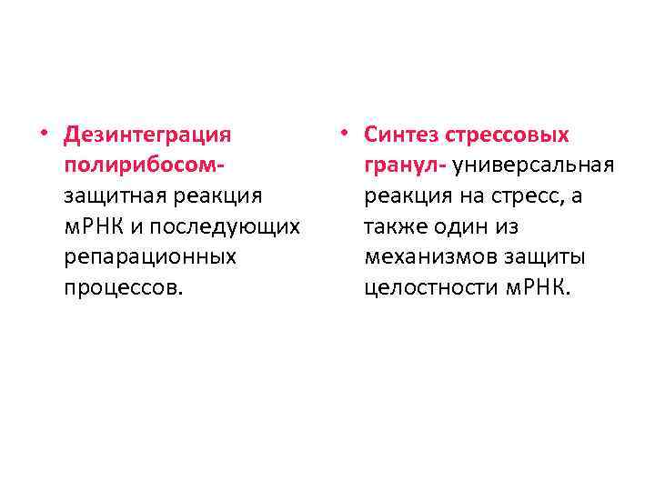  • Дезинтеграция полирибосомзащитная реакция м. РНК и последующих репарационных процессов. • Синтез стрессовых