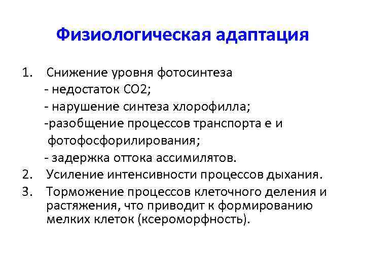 Физиологическая адаптация 1. Снижение уровня фотосинтеза - недостаток СО 2; - нарушение синтеза хлорофилла;