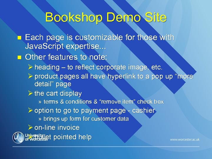 Bookshop Demo Site n n Each page is customizable for those with Java. Script